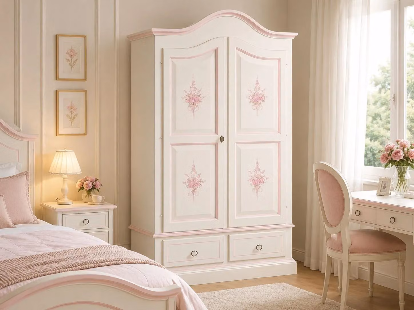 Armadio in legno shabby chic bianco con decori rosa Mobili 2G L/P/H: 122 x 60 x 200 cm