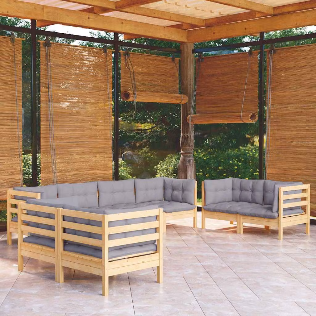 Set di divani da giardino vidaXL a forma di L in legno massello di pino con cuscini grigi per 8 persone