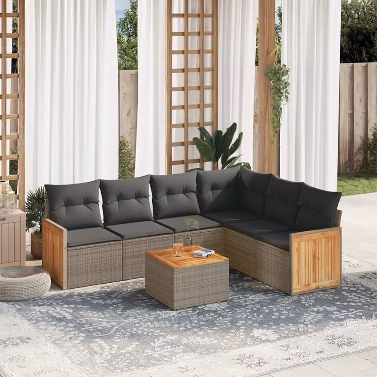 Set di divani da giardino vidaXL in polyrattan grigio con cuscini, forma a L e tavolino da esterno