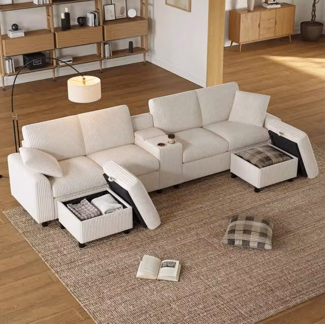 Divano a U in velluto a coste beige 315x135x81 cm con 2 pouf contenitore e prese