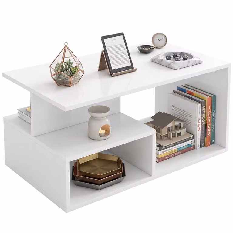 Tavolino bianco moderno con mensola per soggiorno in stile loft, grande, 90 cm
