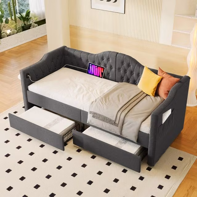 Daybed REDOM in tessuto grigio con 2 cassetti e porta USB Type C, L/P/H: 215 x 90 x 76,5 cm