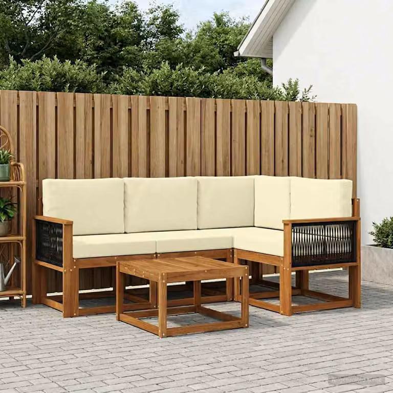 Set di divani da esterno a L vidaXL in legno di acacia con tavolo da caffè, colore beige e marrone, composto da 5 pezzi con cuscini inclusi