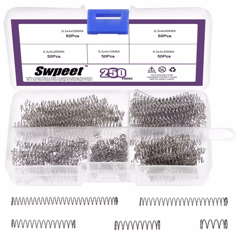 Set di molle a compressione, 250 pezzi, 5 dimensioni, acciaio inossidabile, da 0,39 a 1,97 pollici
