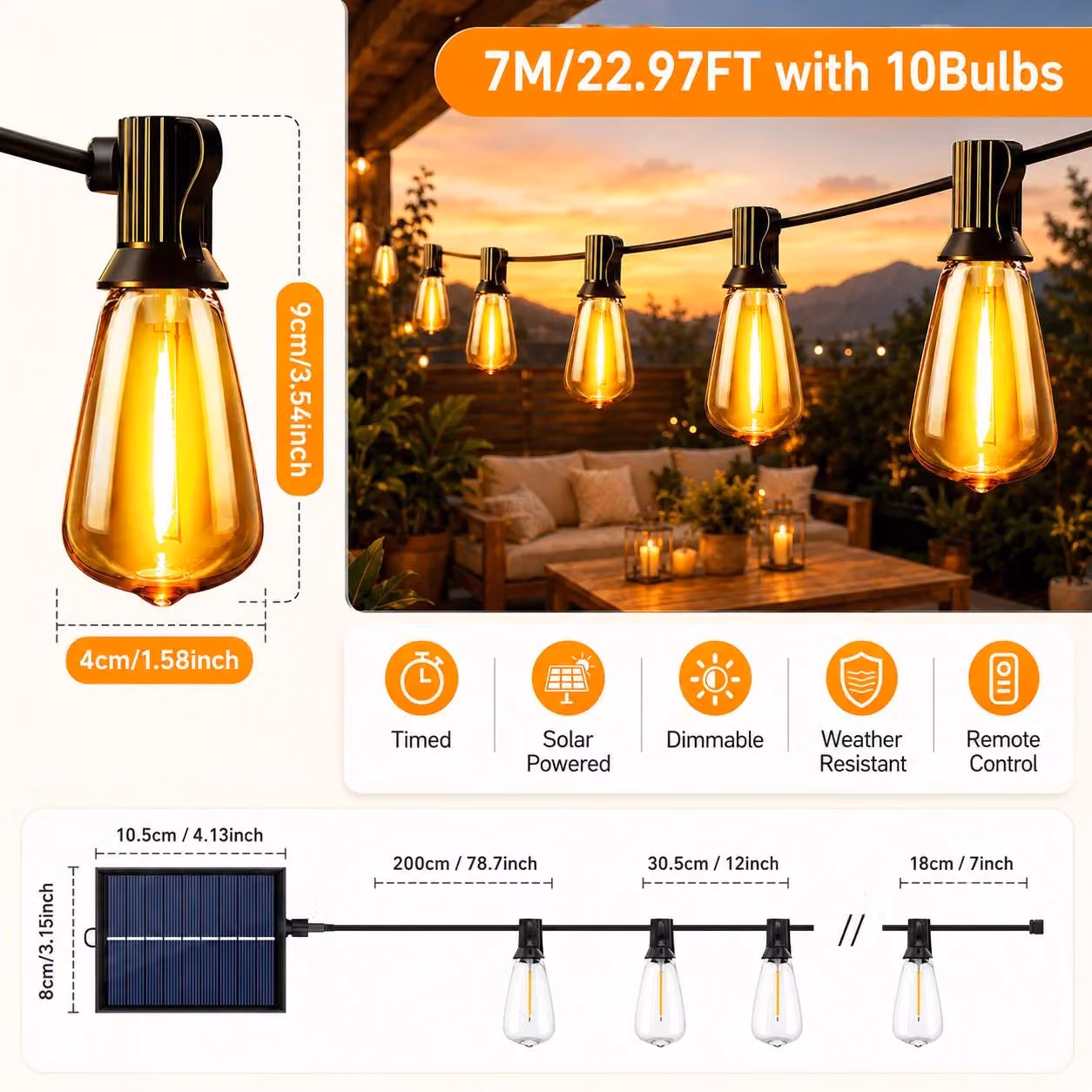 Catena luminosa solare per esterni - 7 metri, 10 lampadine LED - Intensità regolabile - Grado di protezione IP44 - Resistente all'acqua - Antimanomissione - Ideale per giardino e terrazza