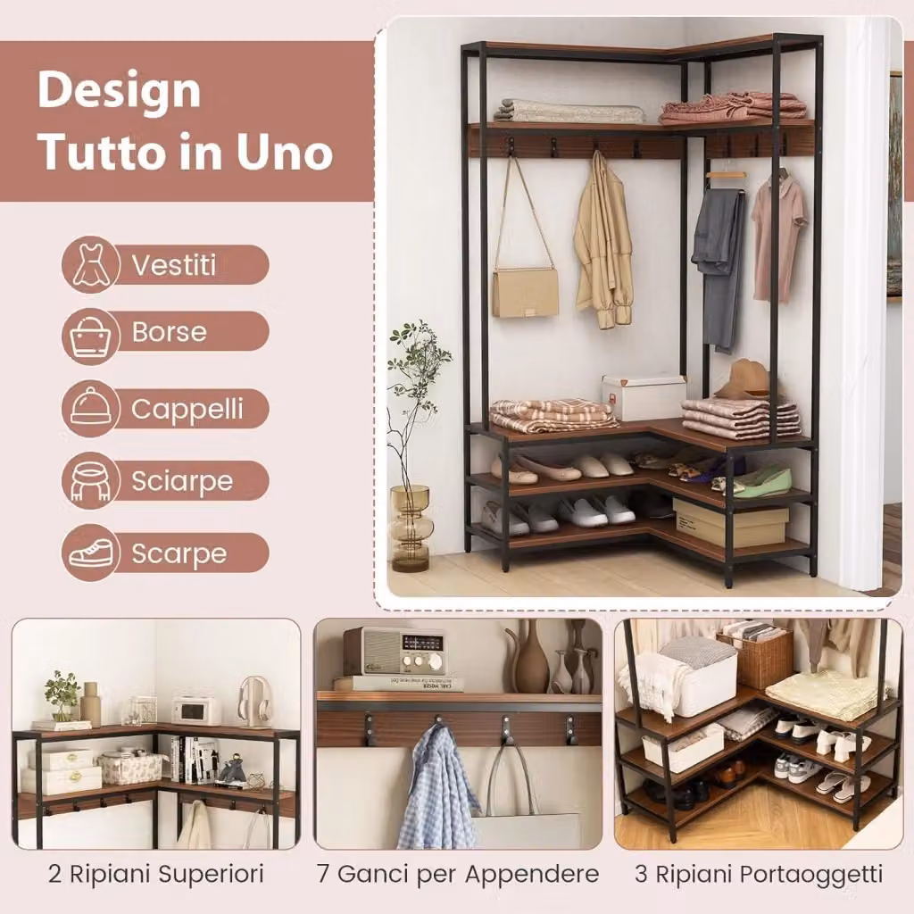 Appendiabiti Angolare Costway con Panca per Scarpe e 7 Ganci, Struttura in Metallo e MDF, L/P/H: 90 x 90 x 178 cm, Marrone – 2