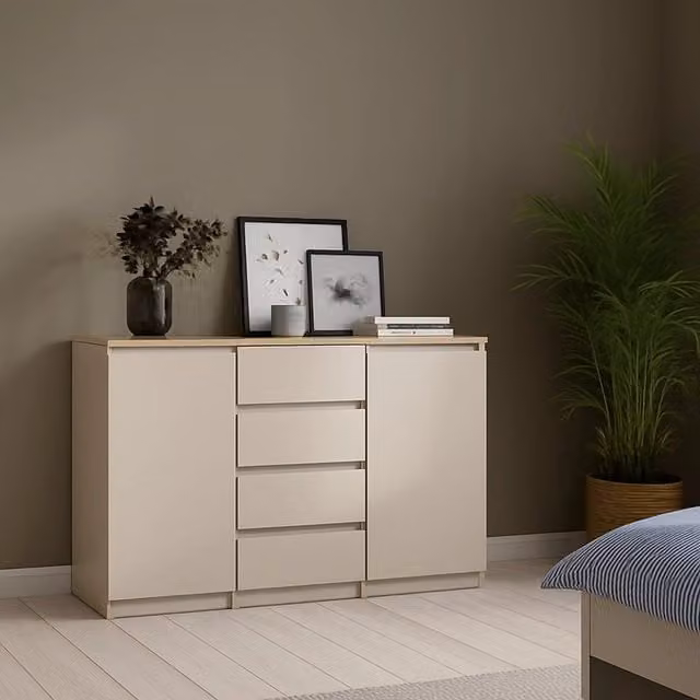 Madia Angelika DMORA con 4 cassetti, colore beige e marrone, L 121 cm x P 50 cm x H 91 cm