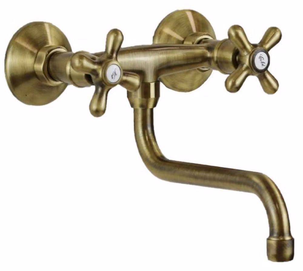 Schläfer 3460117 | Rubinetto Cucina Gruppo Lavello a Muro manopola antica, Lavatoio Lavanderia e Lavabo Bagno da Parete, Canna Girevole Universale a "S" 200mm, Bronzo, Ottone Antico