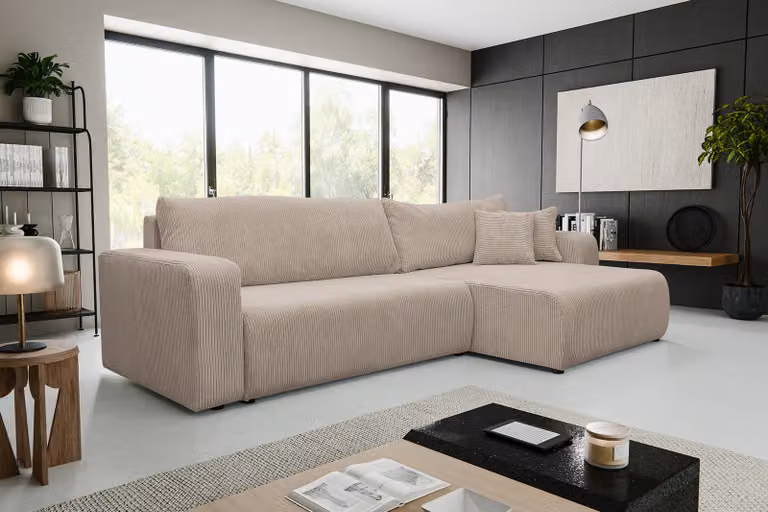 VENASI LUNA XL: Divano angolare modulare a forma di L, con funzione letto e contenitore per biancheria, color marrone