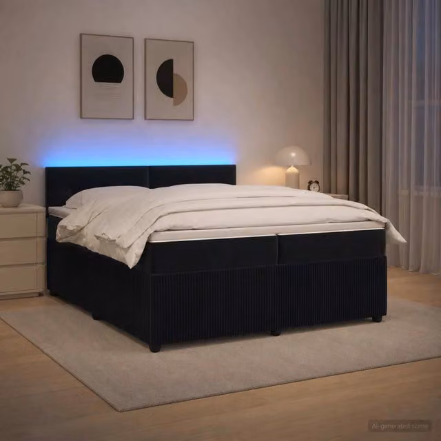 Letto box spring vidaXL in velluto nero con materasso ibrido e base contenitore, dotato di illuminazione sottostante e porta USB, L/P: 200 x 200 cm