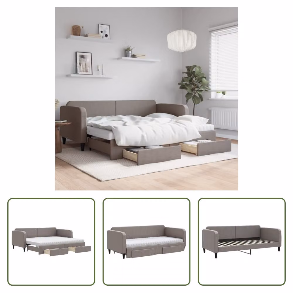 The Living Store Letto allungabile con cassetti Taupe 90x200 cm tessuto
