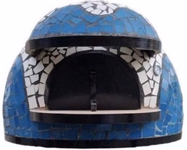 Forno a legna artigianale linea Wave con rivestimento in mosaico bianco e azzurro, Ø 120 cm