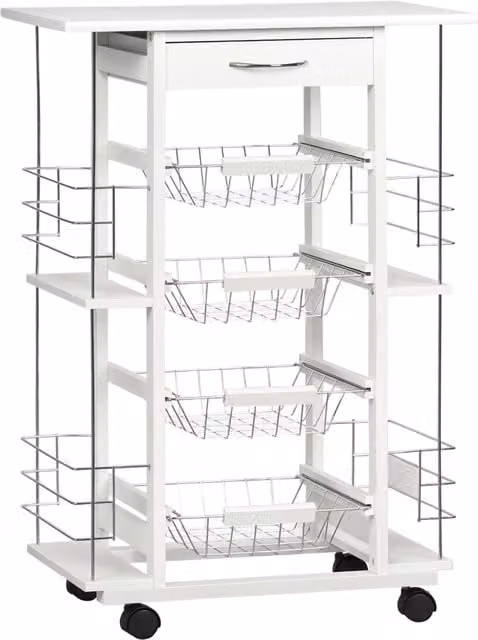 Carrello da cucina minimalista con ruote, cassetto e ripiani in legno e metallo, colore bianco, L/P/H: 57 x 37 x 83 cm