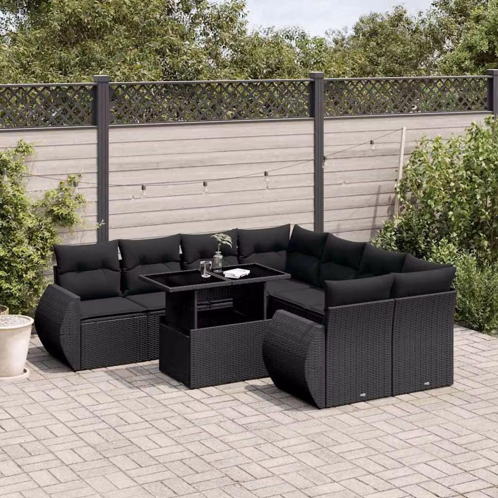 vidaXL Set Divani da Giardino 9 pz con Cuscini Nero in Polyrattan e Metallo – 1