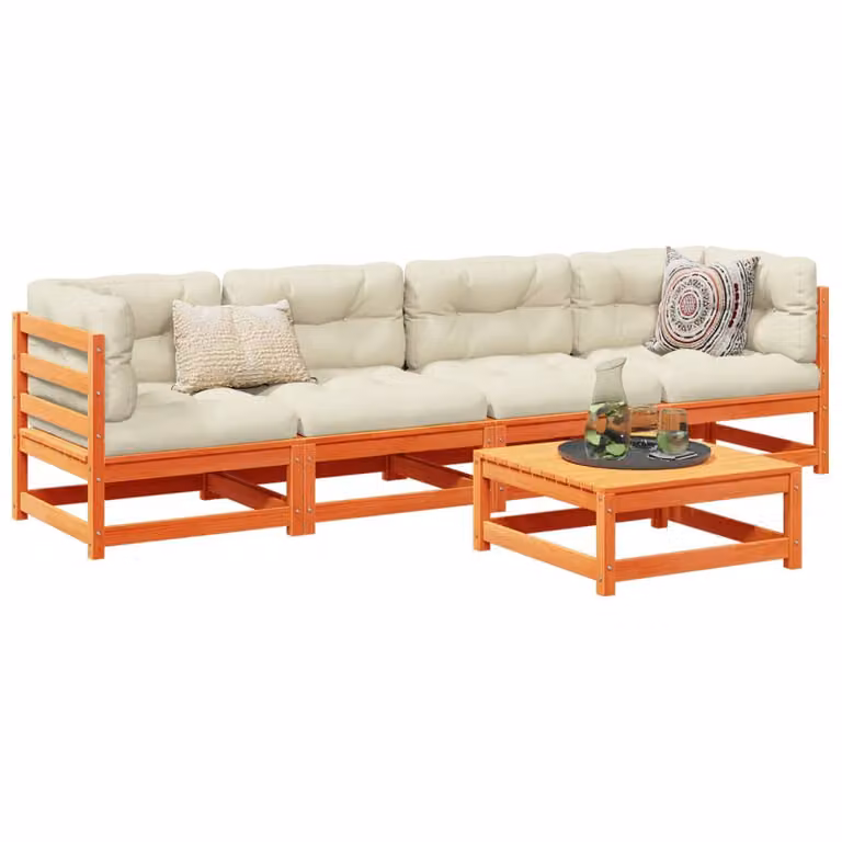 Set di divani da giardino vidaXL in legno massello di pino con cuscini beige e struttura marrone cera composto da 5 pezzi