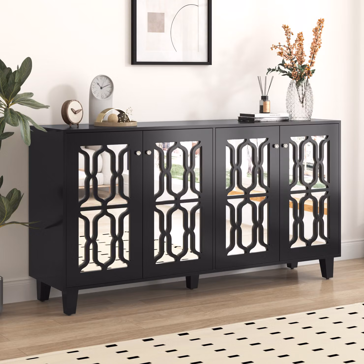 Credenza Sweiko nera a specchio con maniglie in cristallo, con laminato mobile, 160x40x84cm