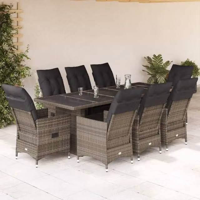 Set Bistrò da Giardino vidaXL in Polyrattan Grigio con Cuscini e Tavolo in Vetro, 9 Pezzi