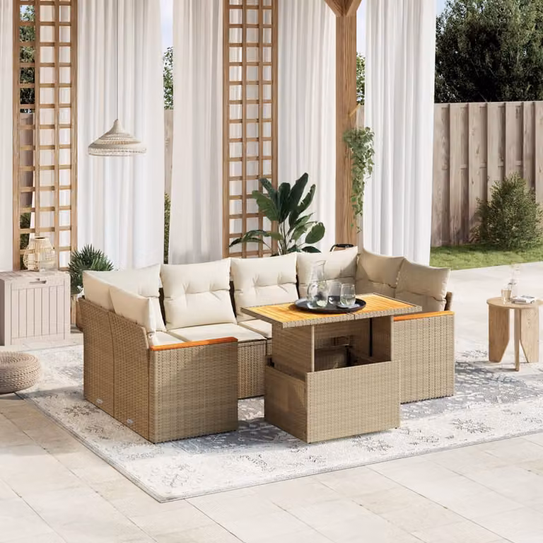 Set Divani da Giardino vidaXL 7 pz a Forma a L con Cuscini Beige e Tavolino, Polyrattan e Acciaio Verniciato a Polvere