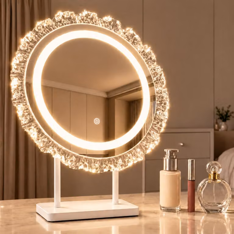 Specchio trucco rotondo illuminato, stile Hollywood, 40x48 cm. Specchio LED per tavolo da trucco, specchio per cosmetici, specchio per il trucco, piccolo specchio rotondo per tavolo da trucco