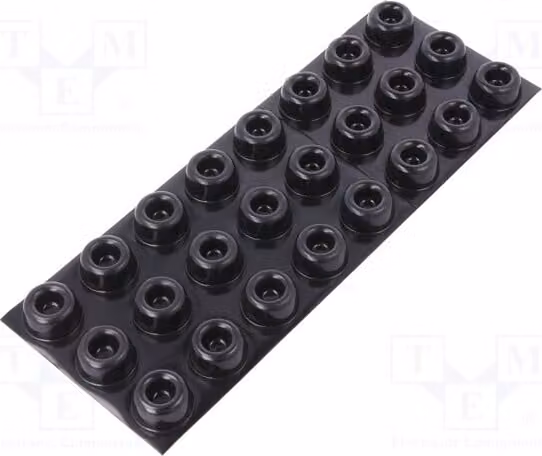 24 piedini autoadesivi neri, diametro 22,4 mm, codice prodotto 7000001881. Realizzati in poliuretano, altezza 10,2 mm