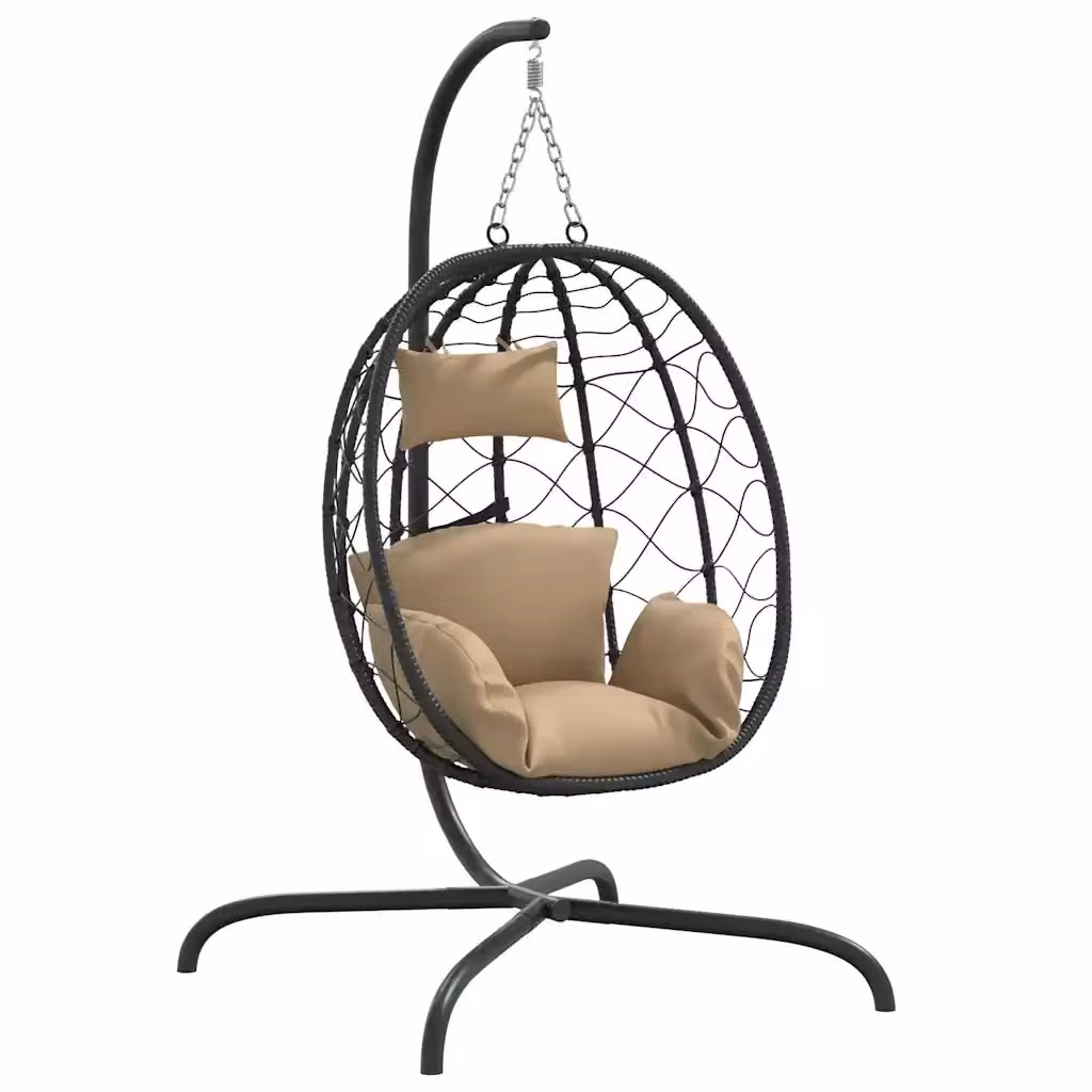 Poltrona sospesa a uovo vidaXL in rattan e acciaio con cuscini beige e nero per giardino e lounge – 2