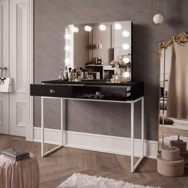 Tavolo da trucco BLANCO LOFT ELITE con specchio e illuminazione Bianco / Nero lucido Maniglia in cristallo bianco
