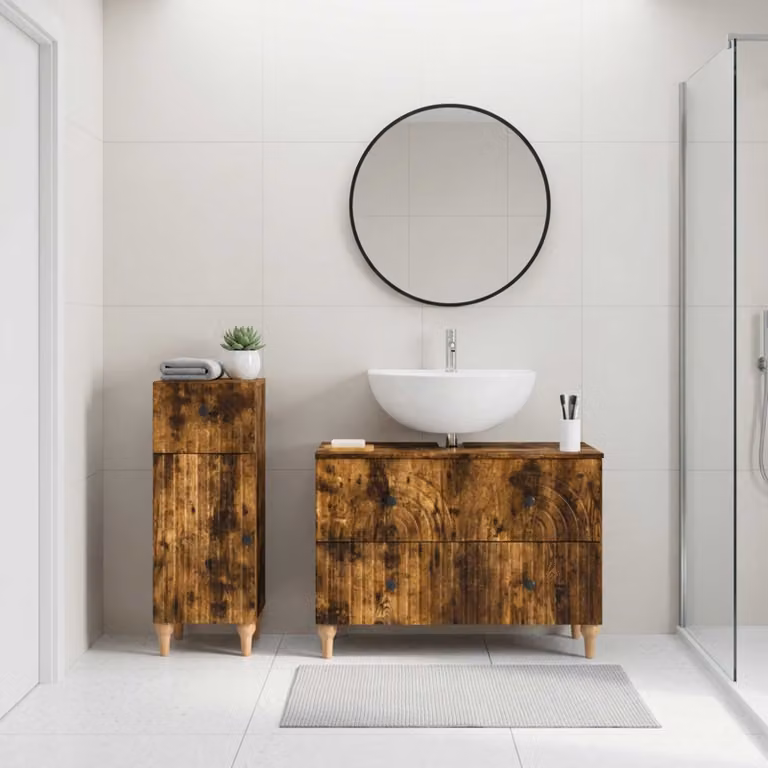 Set di mobili da bagno vidaXL ALKMAAR composto da 2 pezzi in legno Rovere Fumo marrone con mobile sottolavabo e mobile laterale moderno