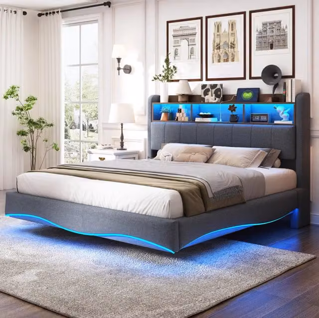 Letto imbottito sospeso 160x200 cm grigio, struttura in metallo con LED e USB, senza materasso