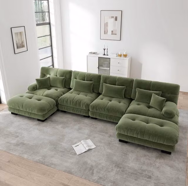 Divano modulare MODFU verde con ottomane e cuscini coordinati, configurazione a U reversibile in tessuto per il tuo soggiorno