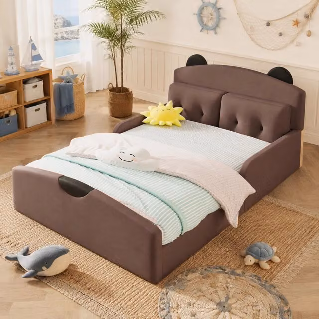 Letto a Piattaforma in MDF e Lino 140x200 cm; Testiera Imbottita a Orsetto; Color Caffè; per Cameretta; Senza Materasso