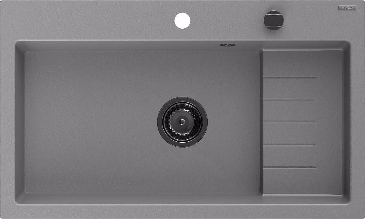 Mexen Omar lavello in granito a 1 vasca 800 x 480 mm, grigio, sifone nero - 6520801005-71-B