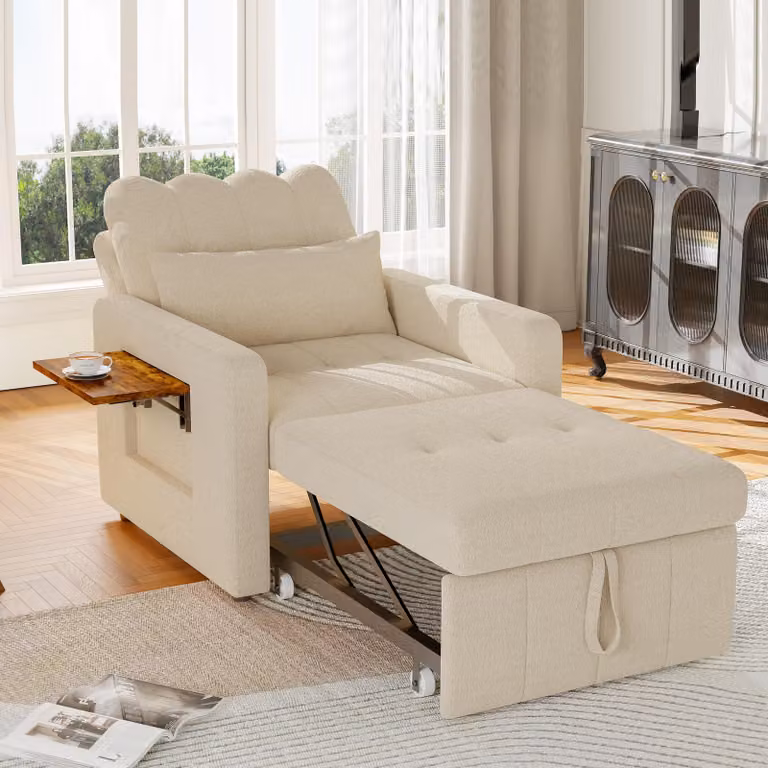 Fortuna Lai 3 in 1 con funzione reclinabile - Reclinabile con braccioli, tasca laterale e tavolino - Dimensioni 190x70x42 cm (LxLxH) - Beige