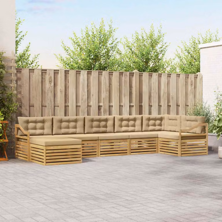 Set di divani da esterno vidaXL a forma di L composto da 7 pezzi in legno di acacia con cuscini, Bianco e Beige