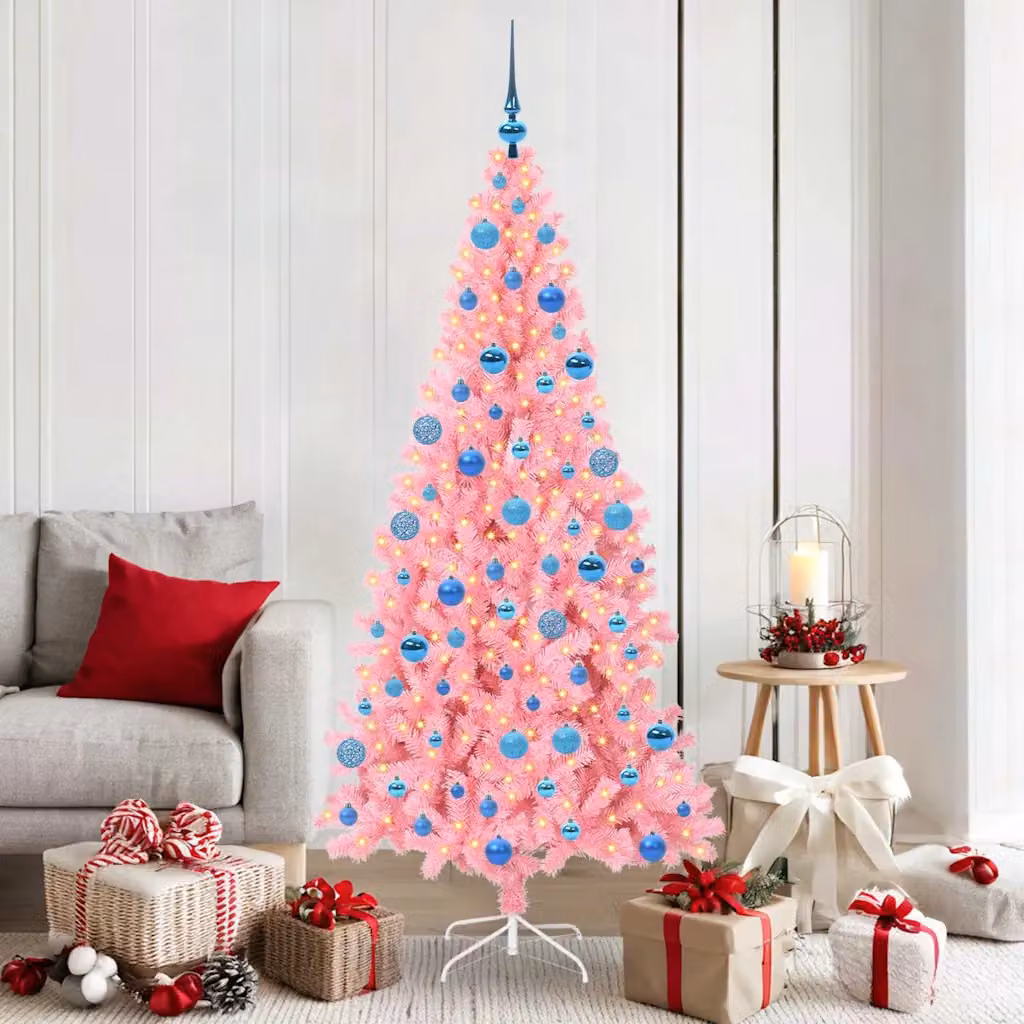 Albero di Natale moderno vidaXL rosa con luci LED bianco caldo in PVC, Altezza: 180 cm
