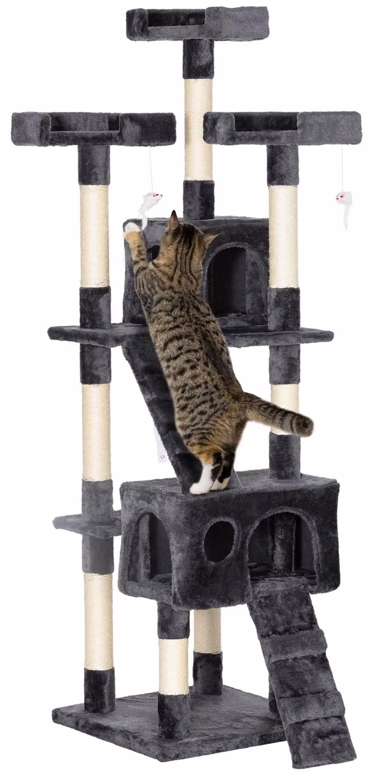 Riposo e tiragraffi per gatti D30-050GY, XXL, con scaletta, centro a più livelli, multiattività, peluche, grigio, 50 x 50 x 170 cm - A