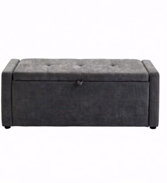 Panca contenitore da letto con seduta imbottita e vano nascosto, in tessuto di lino grigio scuro, 122 × 48 × 44 cm