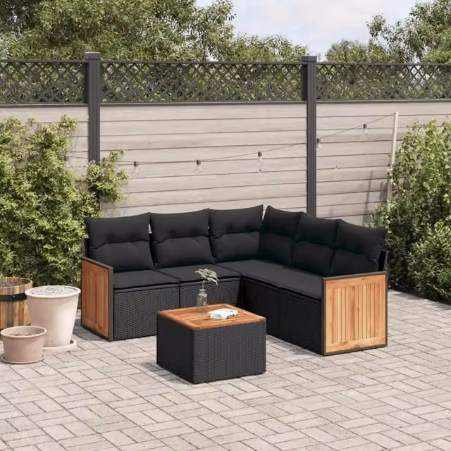 Set Divano da Giardino 6 pz con Cuscini Nero in Polyrattan 3227644