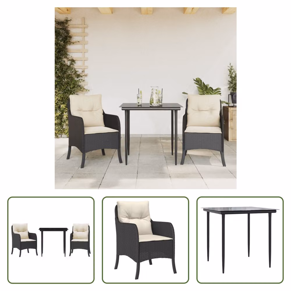 The Living Store Set da pranzo da giardino in 3 pezzi con cuscini in poly rattan nero