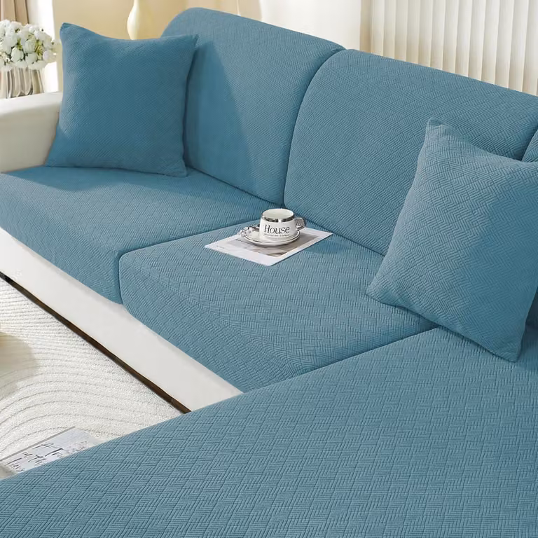 Copertura per cuscino da seduta, elasticizzata, antiscivolo, lavabile, azzurra, per 1 posto + divano a due piazze con chaise longue