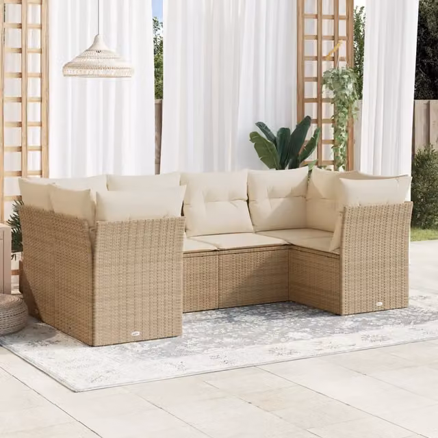 Set Divano da Giardino a L VIDAXL in Polyrattan con Cuscini Beige, 6 Posti