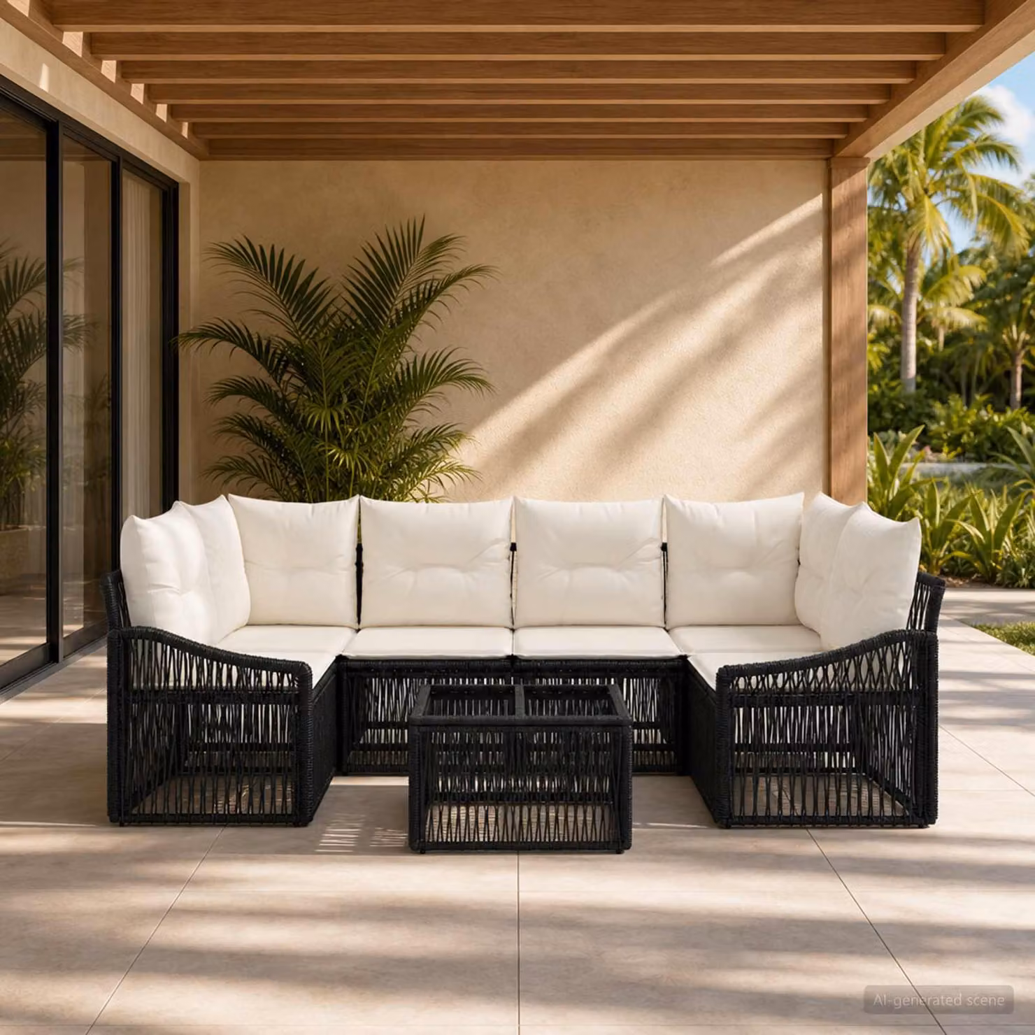 Set Divano da Giardino vidaXL 7 Pezzi in Polyrattan Nero con Tavolino e Cuscini Imbottiti