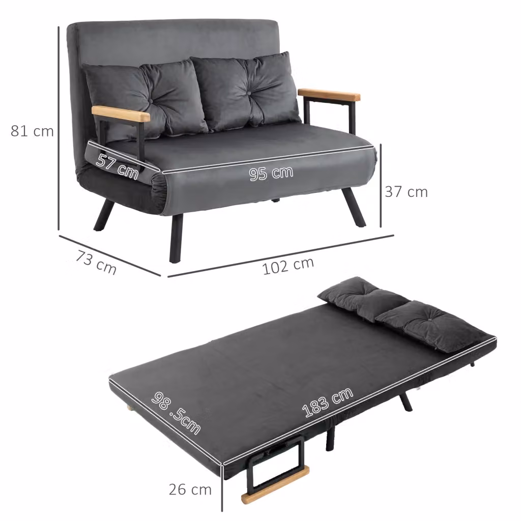 Poltrona letto pieghevole WISHDOR in tessuto grigio con struttura in metallo e legno, relax recliner con braccioli per adulti – 2