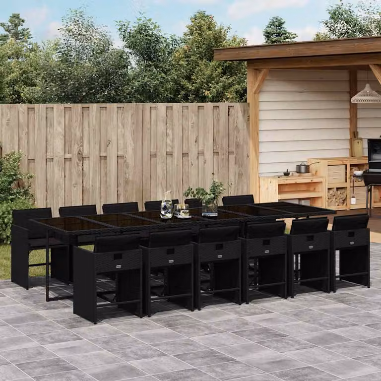 vidaXL Set da Pranzo da Giardino 13pz in Polyrattan Nero con Cuscini e Tavolo in Vetro