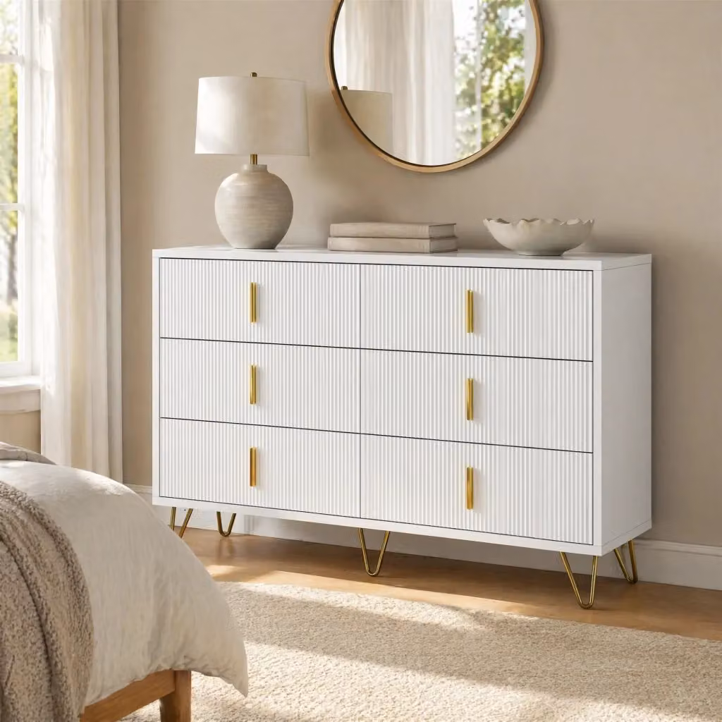 Credenza moderna minimalista con 6 cassetti in MDF bianco e finitura oro L: 120 cm, P: 40 cm, H: 77 cm – 2