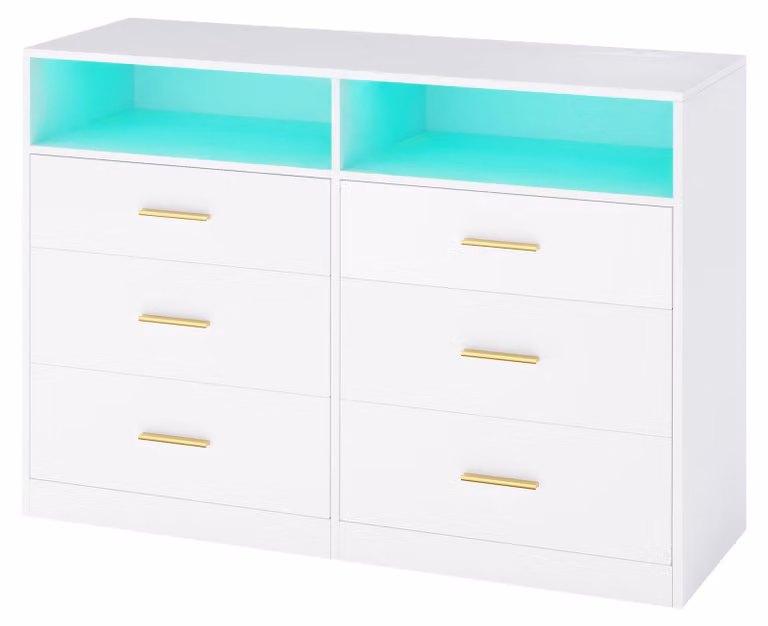 Comodino moderno con illuminazione a LED e stazione di ricarica, 6 cassetti | Bianco | 119x40x81,2 cm