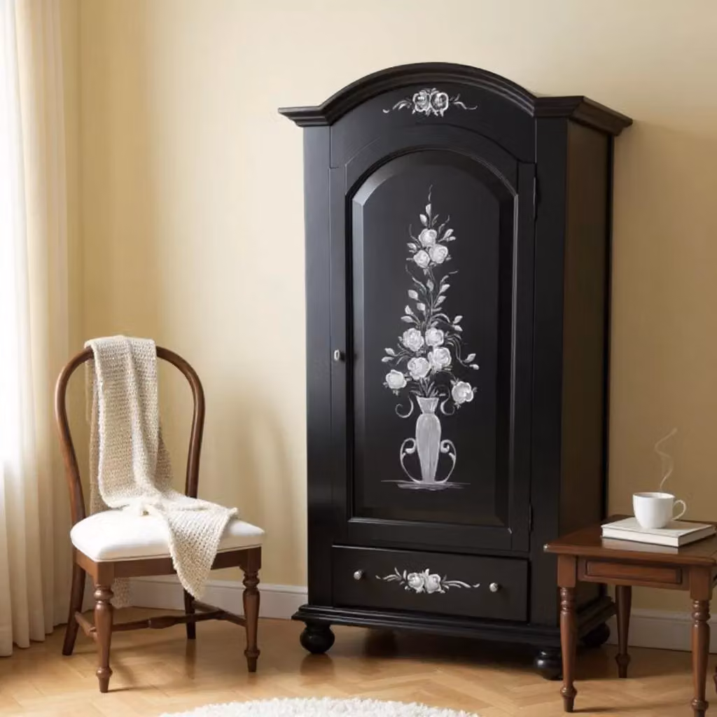 Armadio shabby chic con decori floreali Mobili 2G in legno nero opaco L: 96 cm, P: 56 cm, H: 196 cm – 2