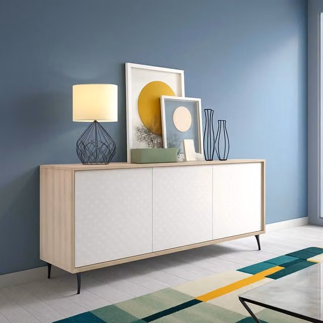 Madia Aminda DMORA con 3 ripiani, credenza moderna in finitura rovere bianco, L: 184 cm, P: 45 cm, H: 77 cm – 1