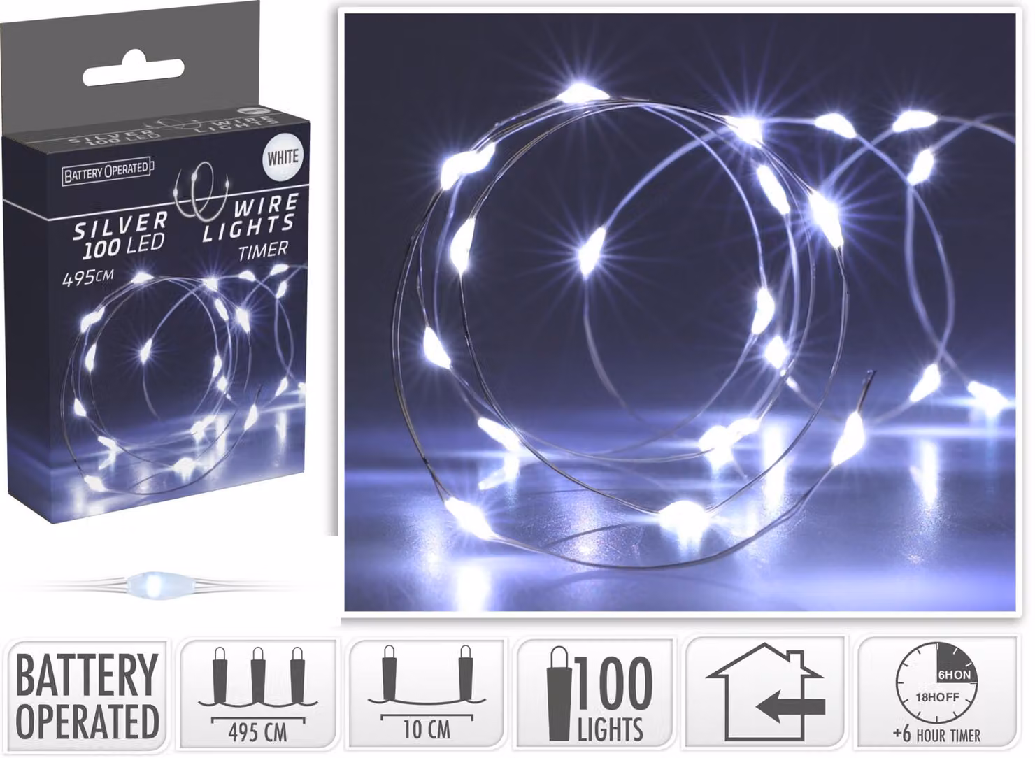 Luci LED a filo 100 LED bianco freddo - a batteria con timer 6h/18h, filo argento, illuminazione decorativa flessibile - Decorazioni natalizie