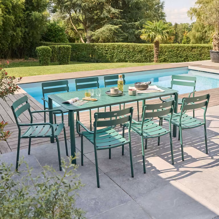 Tavolo da patio quadrato (185 x 92 cm) e 8 poltrone verde scuro - Oviala Almada