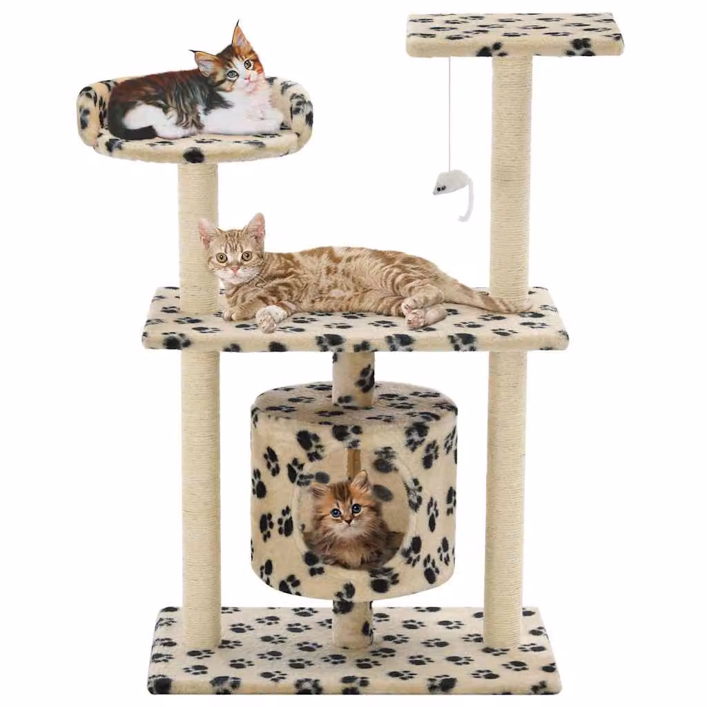 Albero per gatti vidaXL con cave e giocattoli integrati, design animal print, beige, Altezza: 95 cm